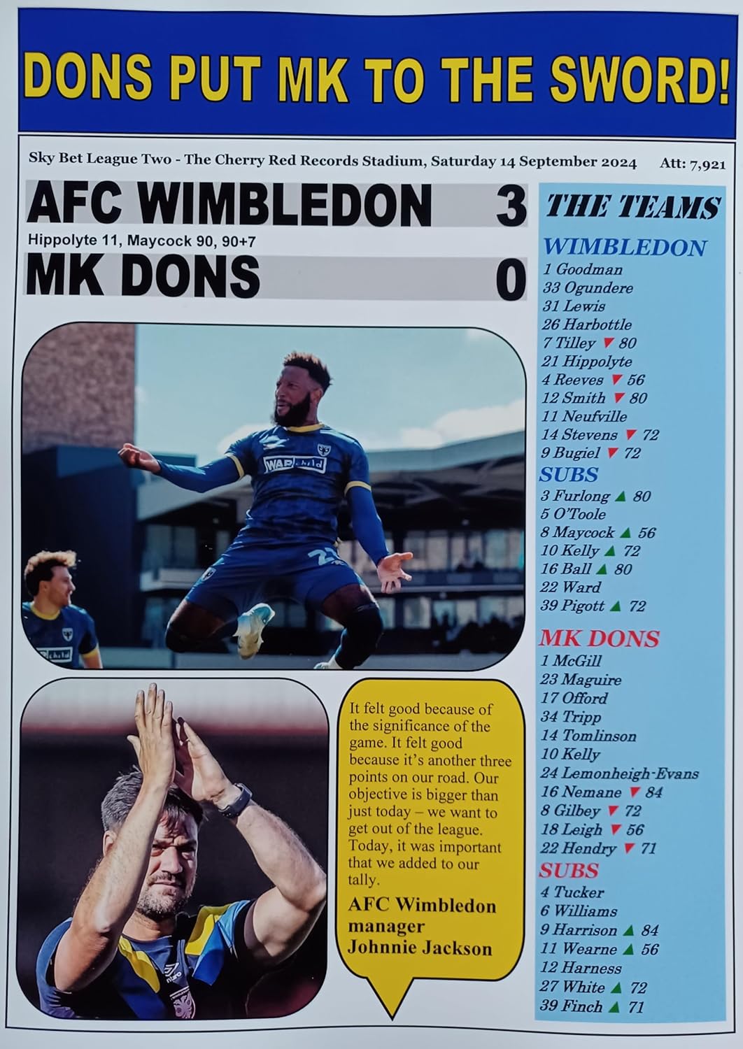 Assorted AFC Wimbledon 3 MK Dons 0-2024 League Two - souvenir print