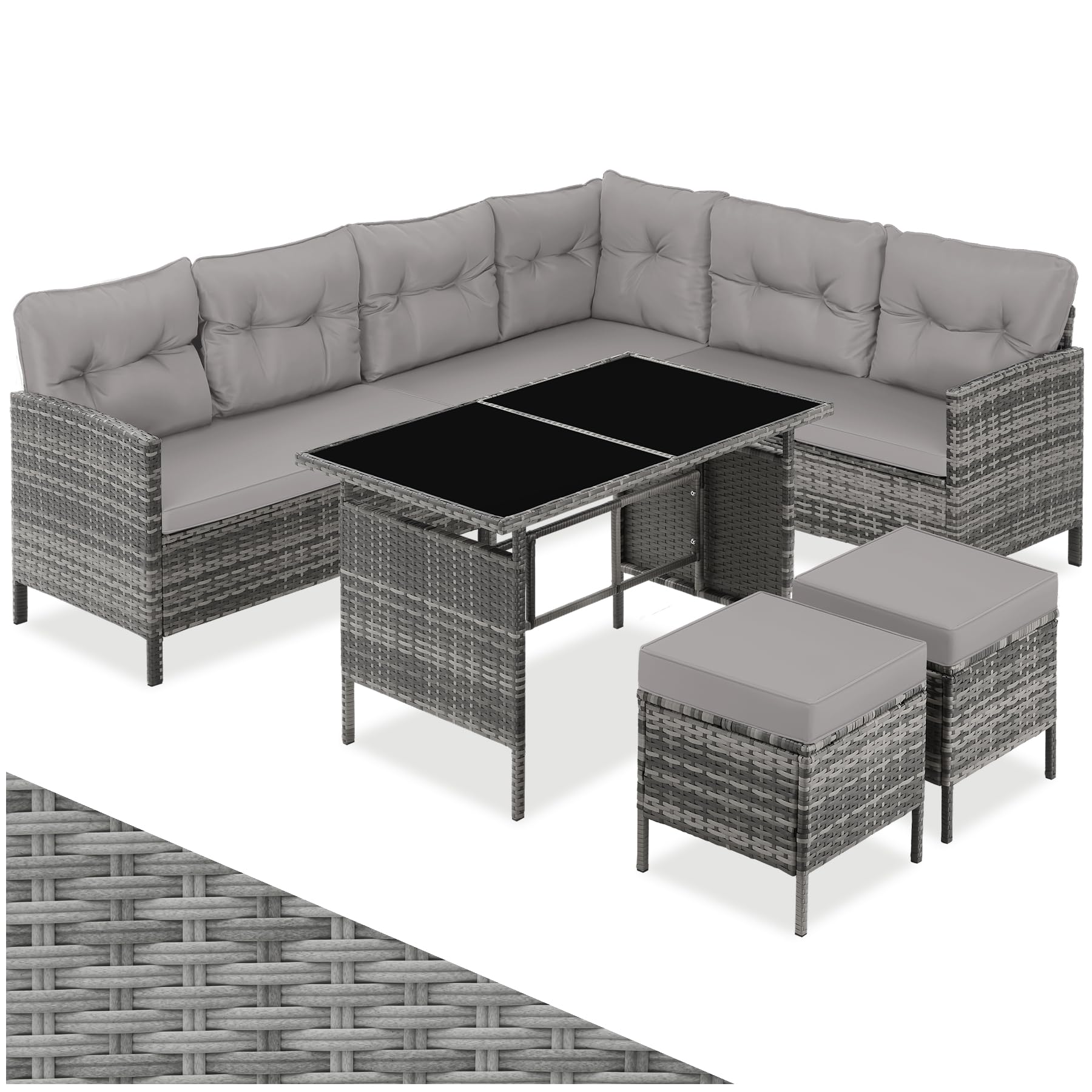 tectake® Conjunto Jardín de Ratán Mesa y Cojines, Conjunto Terraza Resistente a la Intemperie, Muebles Jardín Exterior 5 Piezas, Sofá de Esquina, 2 Taburetes y 1 Mesa - Gris/Beige