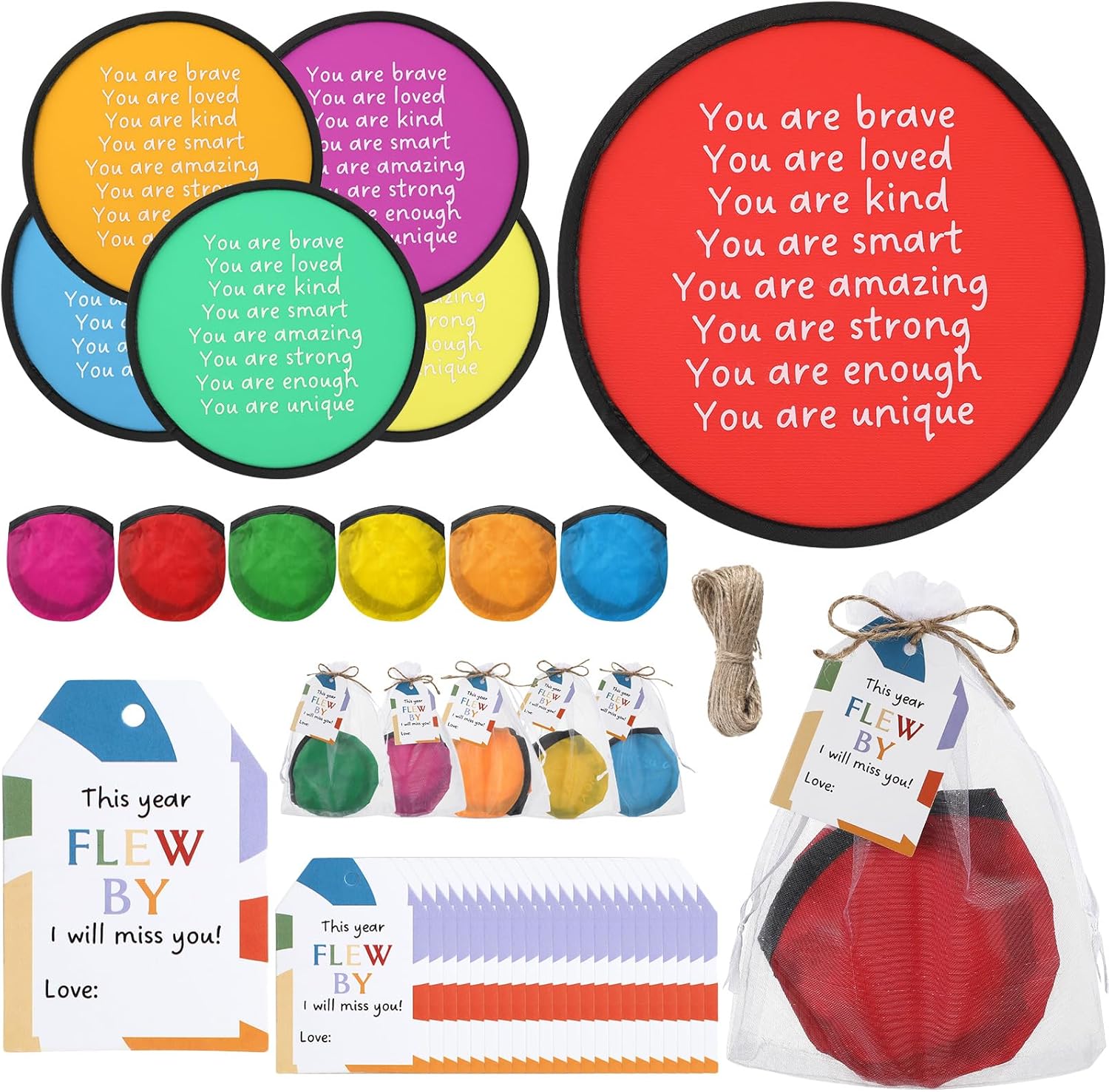 HyDren End of The Year Gifts Flying Disc Foldable Fan with Storage Bag Inspirational Card and Organza Bag Set Fun End of The Year Graduation Party Favors Summer Gifts Outdoor Activities