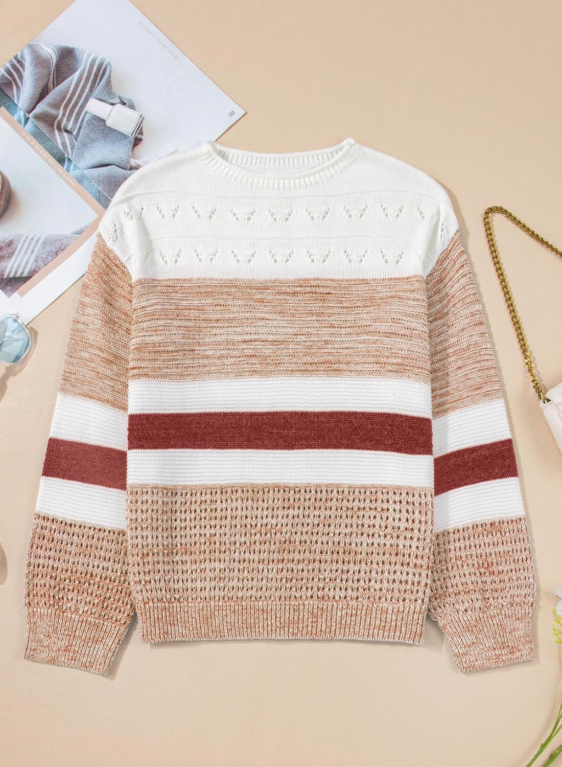 Sidefeel Women's Oversized Sweaters Striped Crochet Boat Neck Hollow Out Lightweight Long Sleeve Knit Trendy Pullover Tops - Image 5