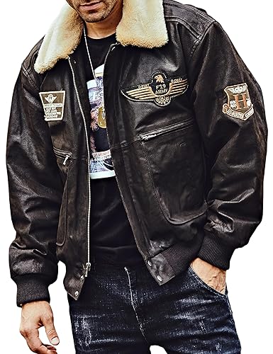 FLAVOR Men's Real Leather Bomber Jacket with Removable Fur Collar Aviator - Medium - Dark Brown