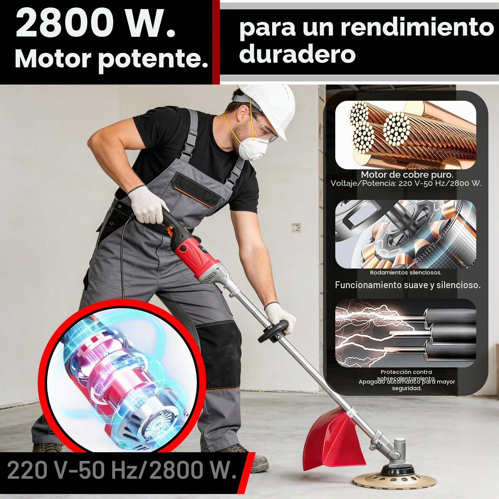 Amoladora de Hormigón Eléctrica de 1,5 M, Lijadora de Hormigón Eléctrica 2800W, Pulidora Suelos, Lijadora de Paredes y Techos, con Plato Lijador 180 mm, Cepillo 200 mm, Para Paredes y Metal