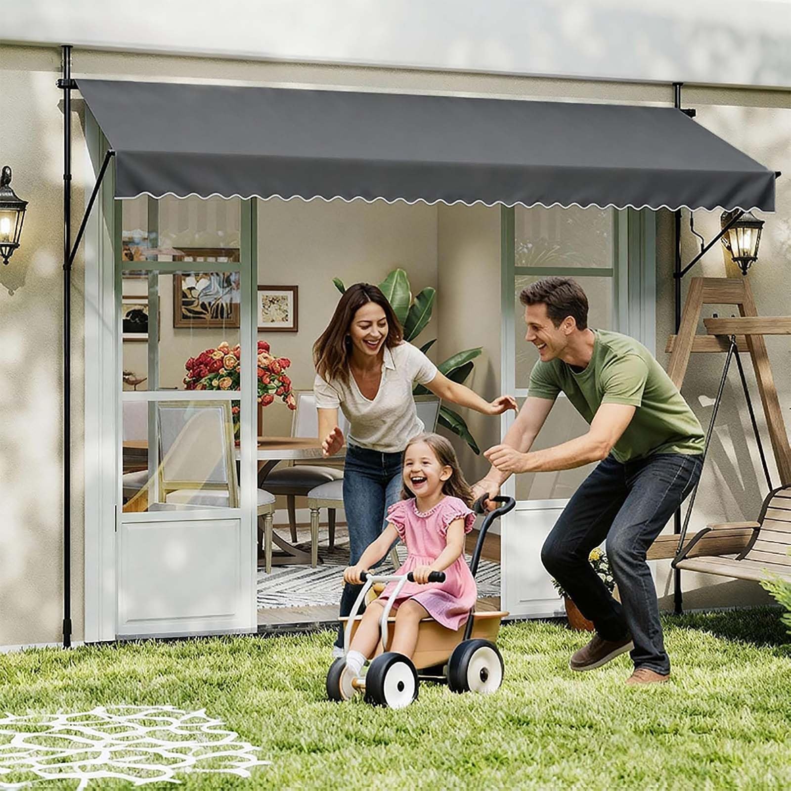 Marquise Soleil Enroulable avec Manivelle, Auvent sans perçage Télescopique, Imperméable Protection UV, pour Extérieur Patio, Hauteur réglable(Gray,150 * 150cm)