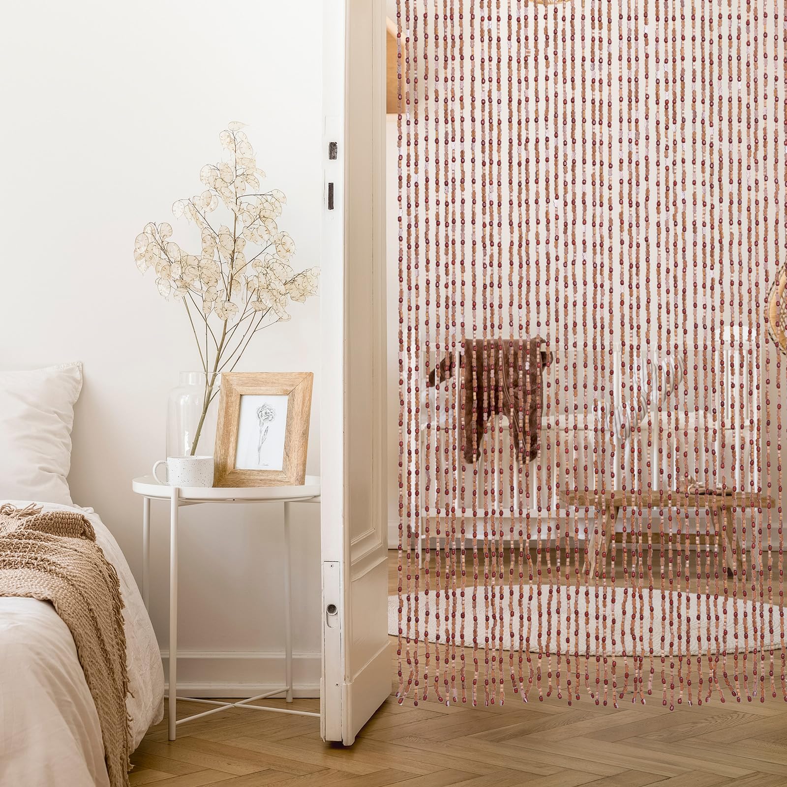BECHAEO Rideau de porte fait à la main avec perles pour porte, 90 x 190 cm, marron | Rideau de perles bohème à suspendre pour couloir, placard, chambre à coucher, salon, séparateur de pièce hippie, esthétique