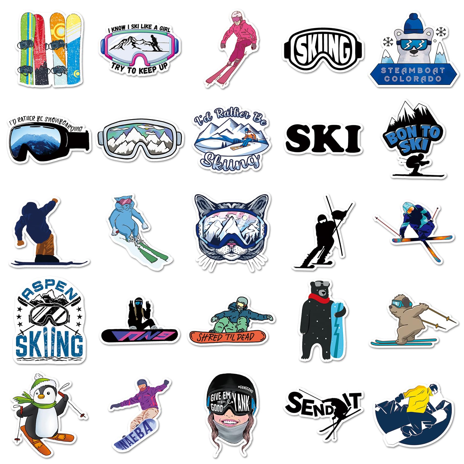 50PCS Skiing Stickers for Laptop Luggage Helmet Water Bottles Snowboard Phone Bike Computer Refrigerator Skateboard Guitar Scrapbook,Winter Cartoon Sports Waterproof Decals for Teens Girls Adult - Image 2