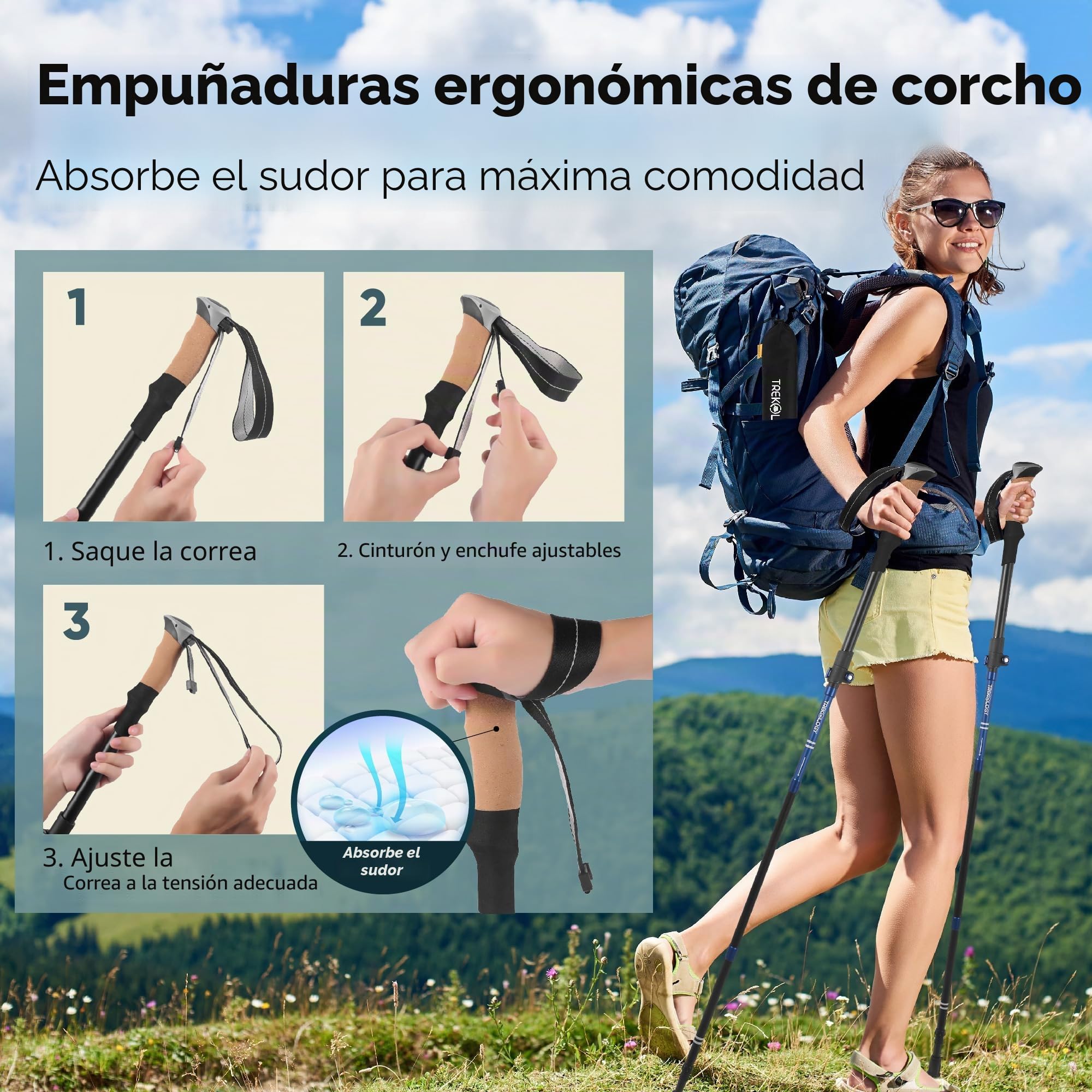 TREKOLOGY TREKZ Cork SE 2PCS Bastones de Senderismo Plegable con Mango de Corcho - Ligeros, Plegables y Retráctiles Bastones Trekking Marcha Trail Nórdica para Caminar, Mochileros, Hiking, Camping