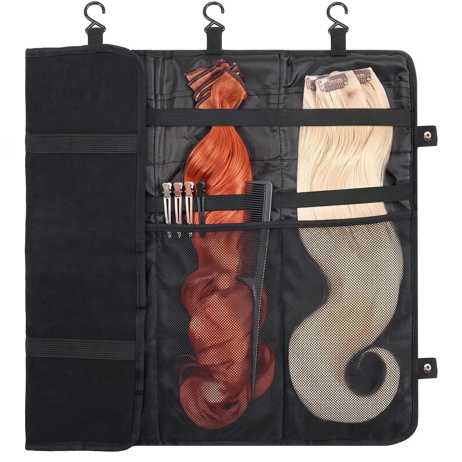 Eccliy Foldable Hair Extension Storage Bag Black Wig Travel Case | For daily wig care, hard shell support, flat shelf storage, home salon ready, extension organizer, closet-ready case