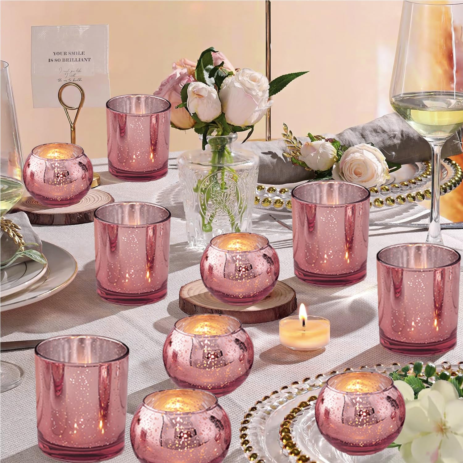 12 portavelas votivos rosados, portavelas de cristal de mercurio para centro de mesa de boda, decoración de fiesta y decoración del hogar (12, rosa)