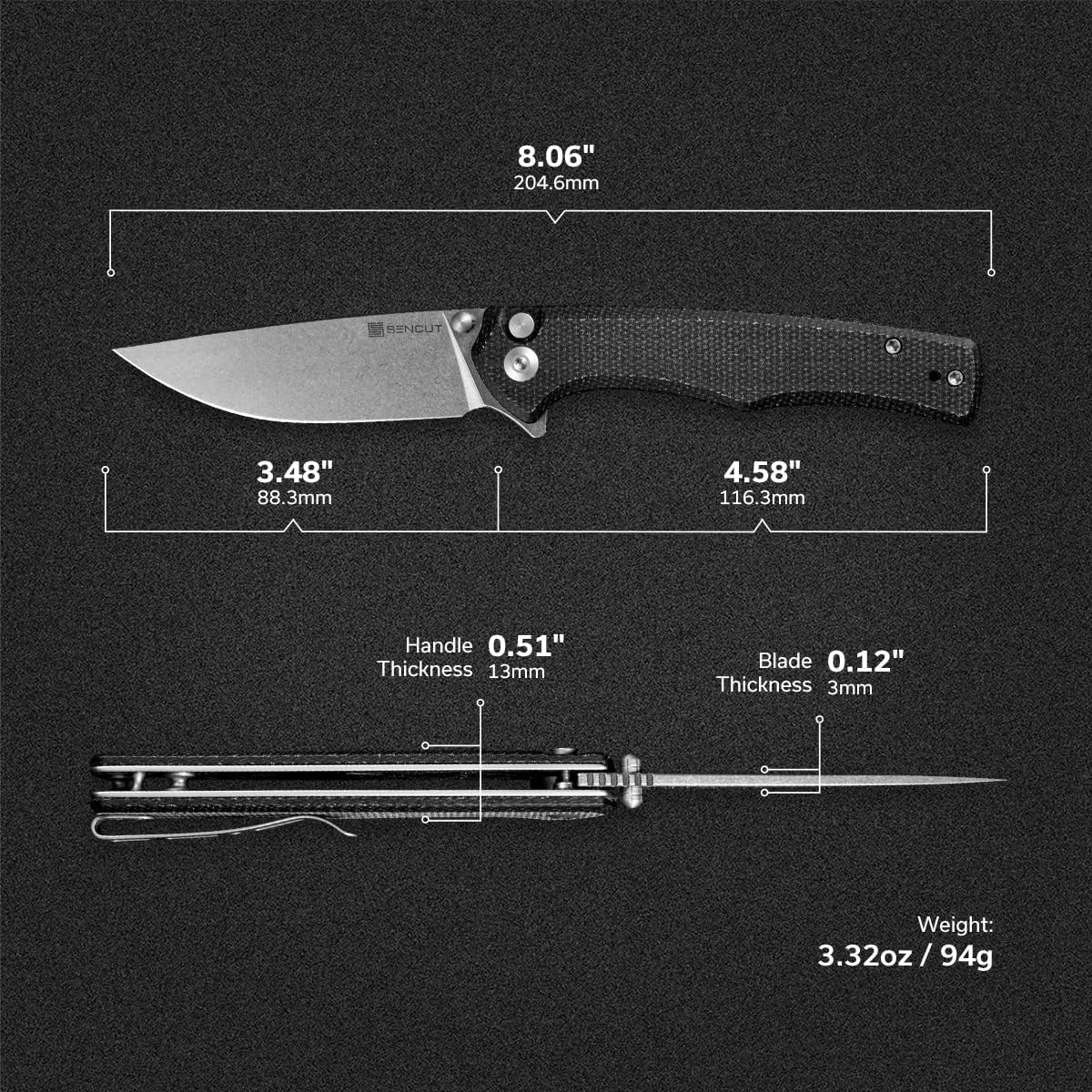SENCUT Crowley Pocket Knife, Folding Knife for EDC, Black Micarta Handle Stonewashed D2 Blade Foldable Knife with Clip, Everyday Carry Knife for Men Women, Indoor Outdoor Gift S21012-2