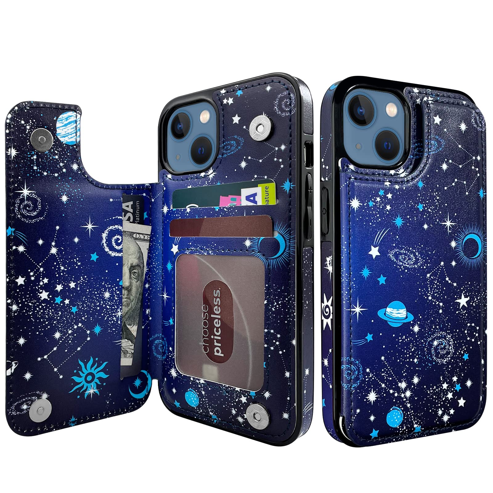 HERCN PU Custodia in Pelle per iPhone 13 6.1;Porta Carte Rimovibile -Cavalletto -Cover per Cellulare Funzionale con Piccolo Portafoglio Magnetico