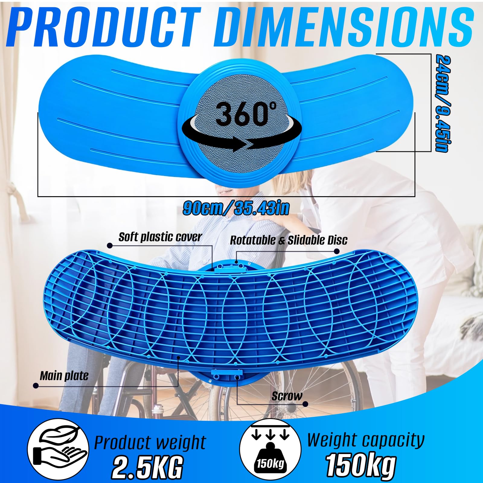 Transferbrett für Rollstuhlfahrer, 90 cm Patientenlifter Transferhilfe Rutschbrett mit 360° Verschiebbarer Drehscheibe, 150 kg Tragkraft,Transfer Senioren vom Rollstuhl zum Bett, Toilette, Auto