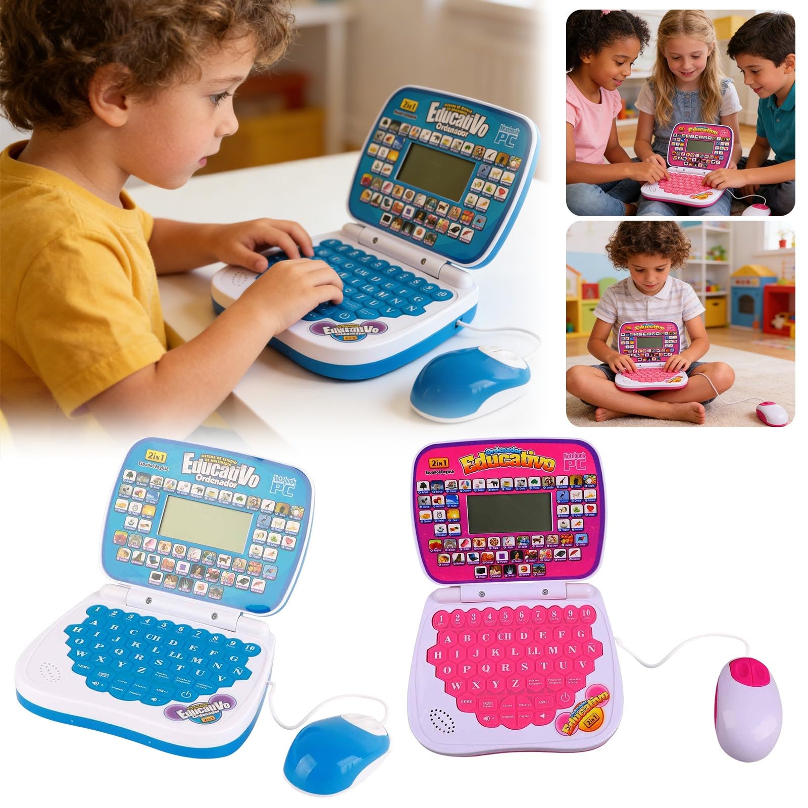 2 in 1 Learning Laptop for Kids - Portable Typing Toy with Pre-School Content - Kids Computer with Letters, Numbers, Vocabulary and Animals, Gift for Children