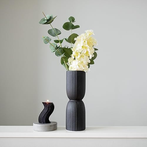Miniatura 6 de Jarrón acanalado moderno, negro, 9.25 pulgadas de alto, 3 pulgadas de ancho, cerámica, perfecto para mostrar flores y vegetación