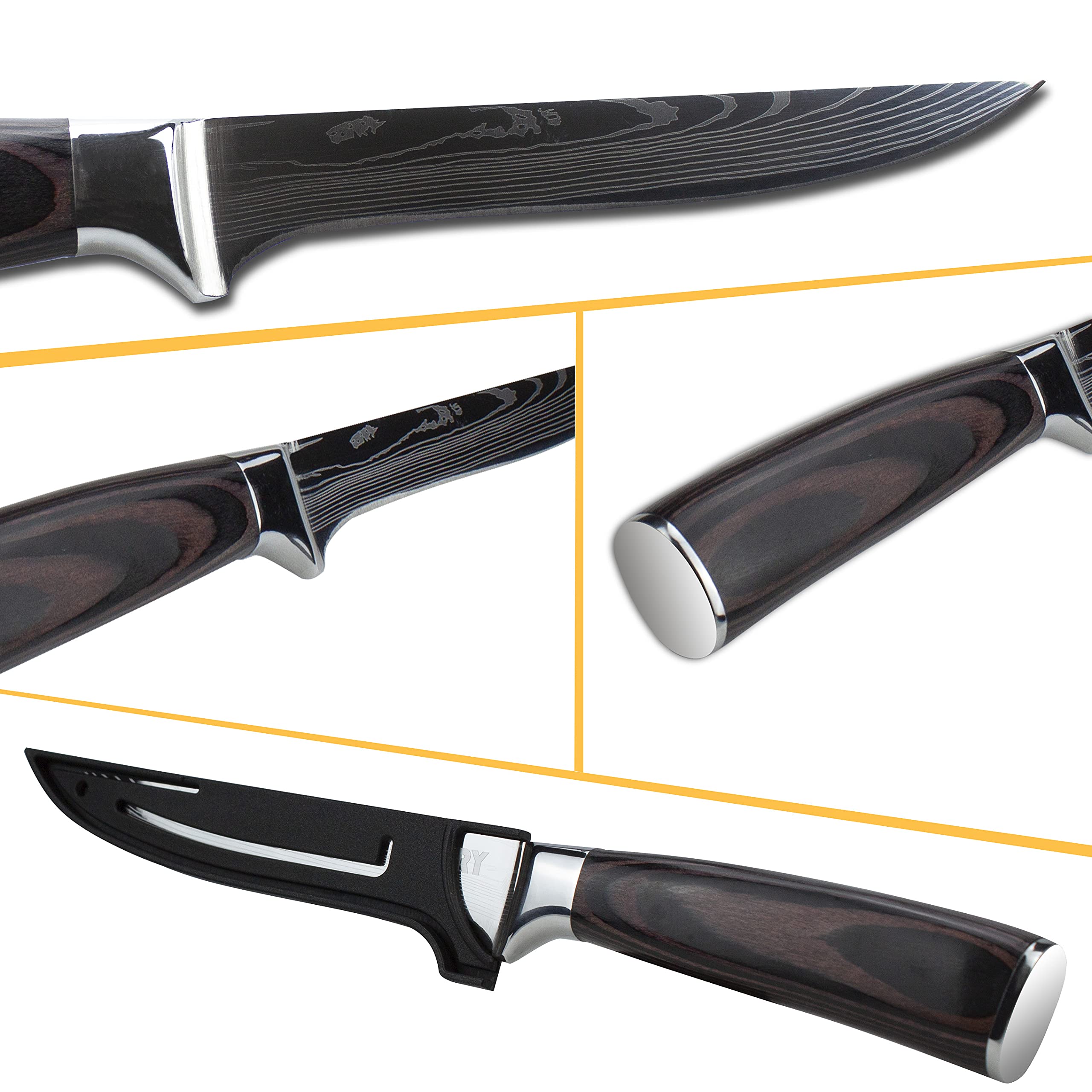 Kitory Cuchillo Deshuesador 15cm con Funda, Cuchillo Profesional para Cortar Huesos y Carne, Cuchillo Filetear Ultra Afilado con Mango Ergonómico de Madera de Pakka