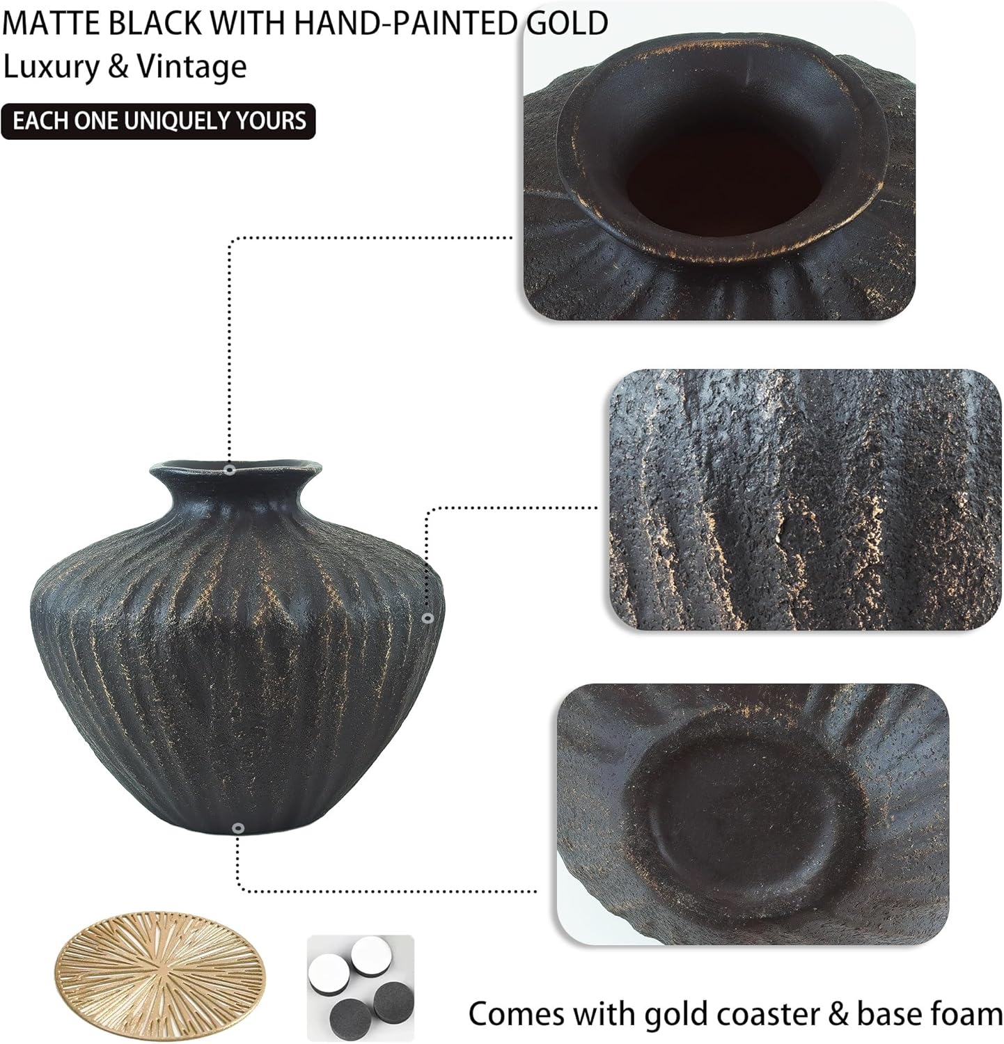 Small Black Ceramic Vase 6 Inch – Handmade Sculptural Decor with Hand-Painted Gold Detailing – Organic Accent Flower Vase for Shelf, Entryway or Table – Modern Minimalist Home Decoration - Image 3