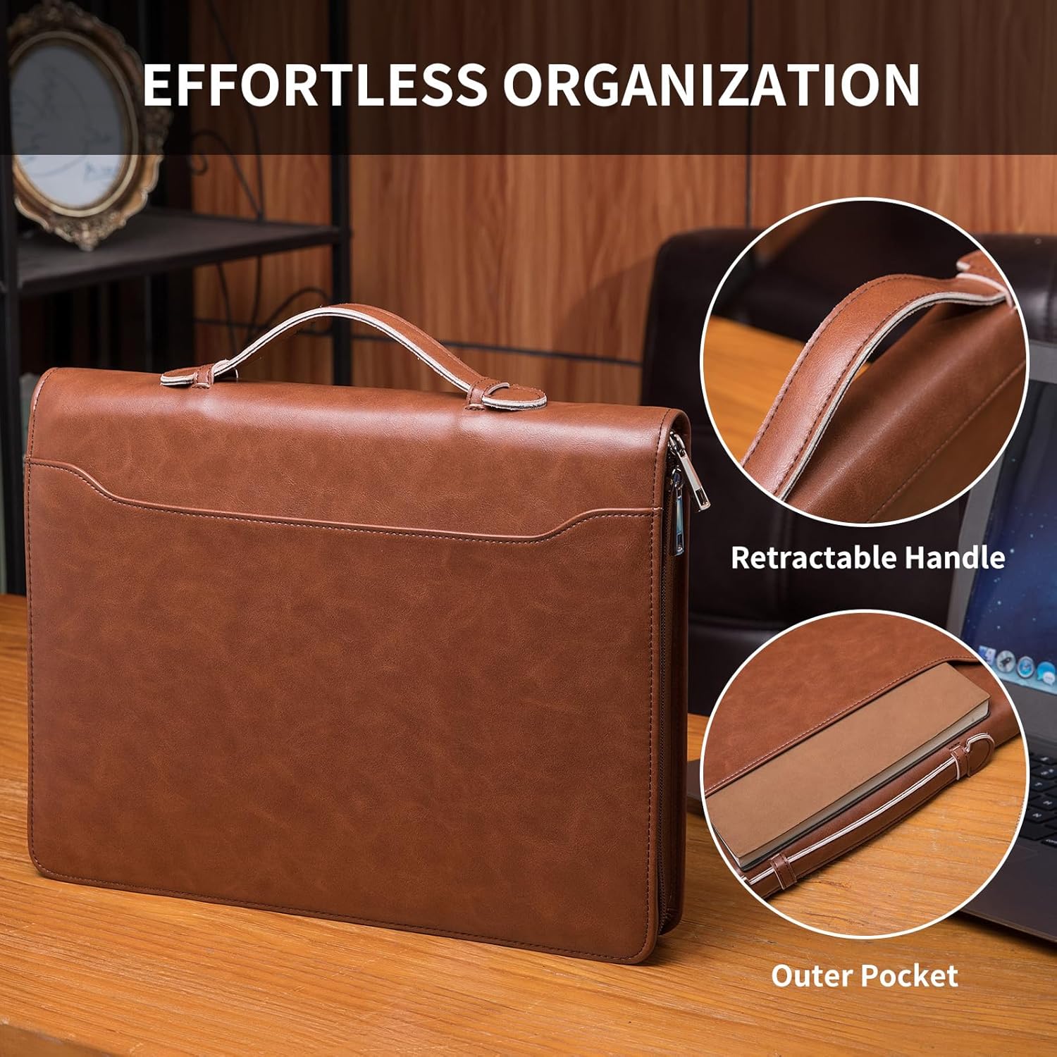 Personalized Vegan Leather Portfolio with Hidden Handle, Front Pocket, Custom Business Padfolio Tablet/13” Laptop Organizer, Professional Executive Document Folio, Brown