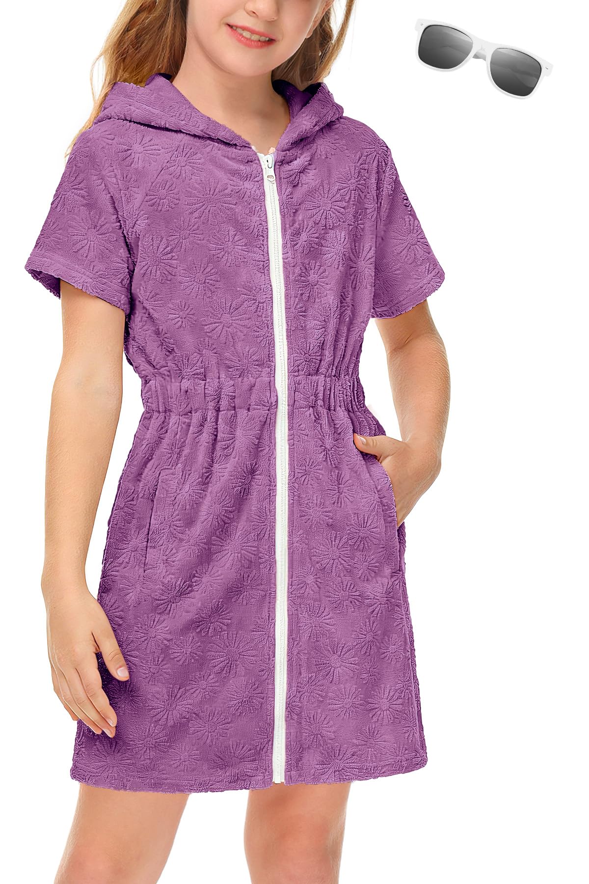 BesserBay Girls Swim Cover Up Beach Bathing Suit Coverups for Swimwear Zip-Up Terry Cloth Robes with Sunglasses 6-14 Years
