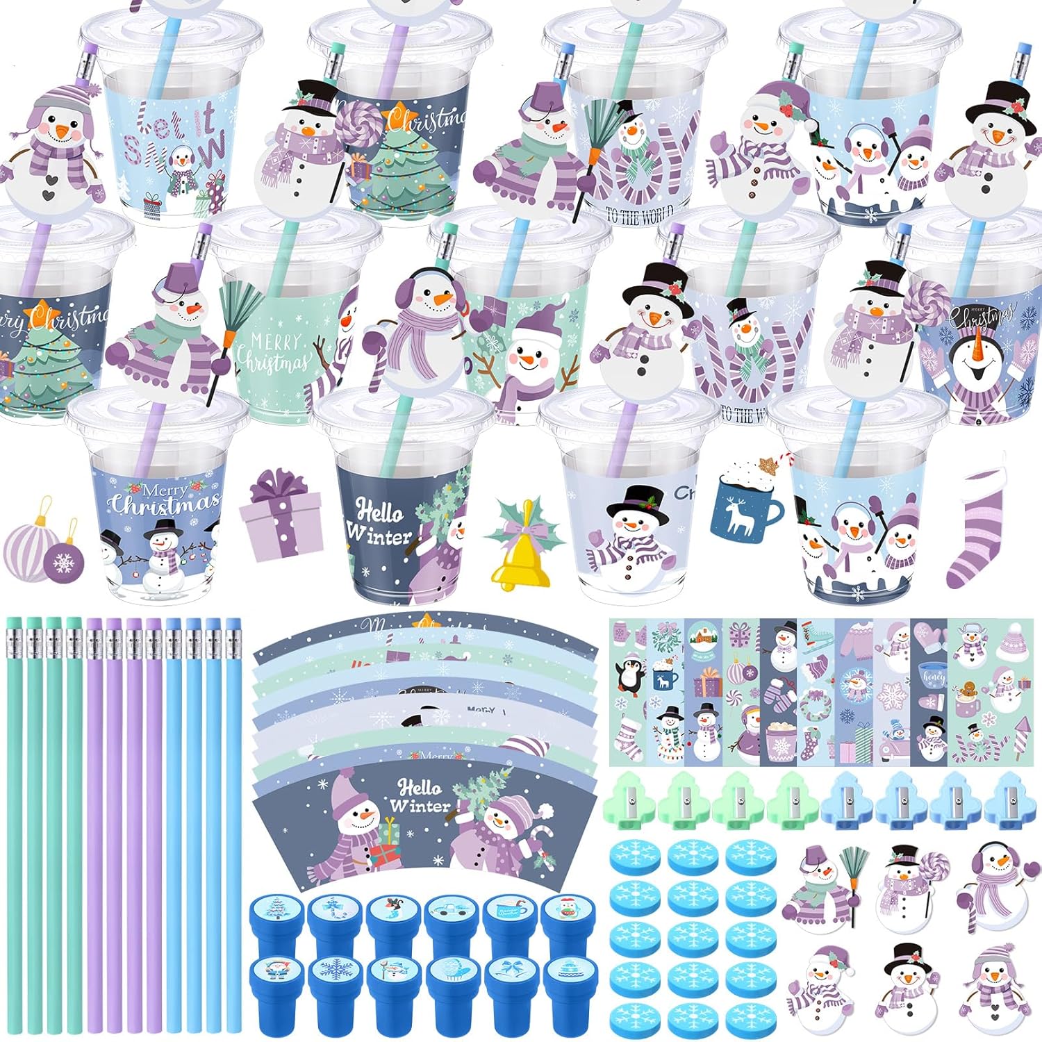 Pickmesh 30 Sets Christmas Winter Stationery Party Favors Snowman Wonderland School Classroom Exchange Gifts Cups Pencils Sharpener Erasers Stamp Stickers Cards Frozen Goodie Bag Filler Stuffer Prizes