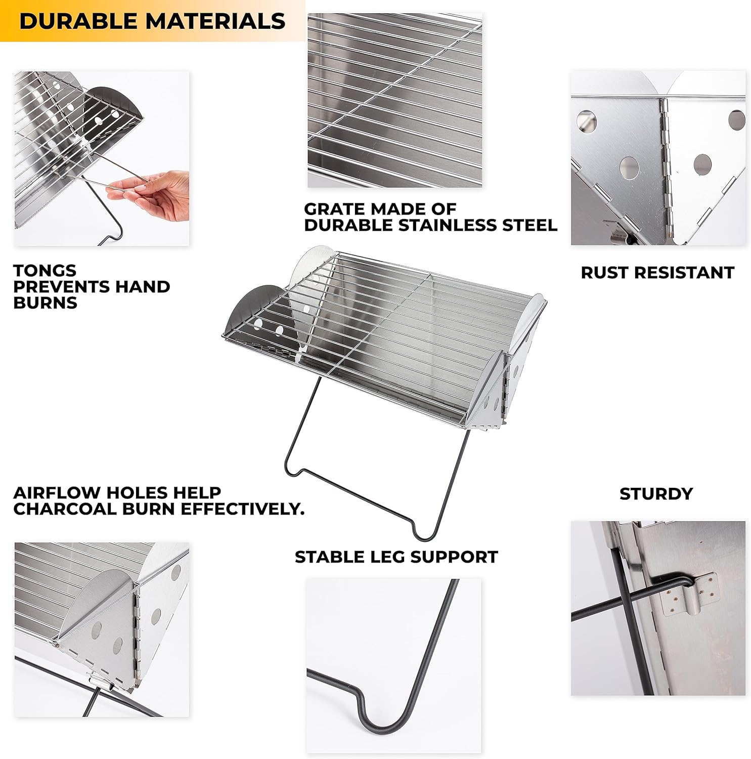 ZONETECH Portable Camping Stainless-Steel Grill and Fire Pit, Tabletop Charcoal Grill, Flatpack Foldable, Premium Quality, Versatile Use, Traveling BBQ Grill, Great for Camping, Hiking, Picnics