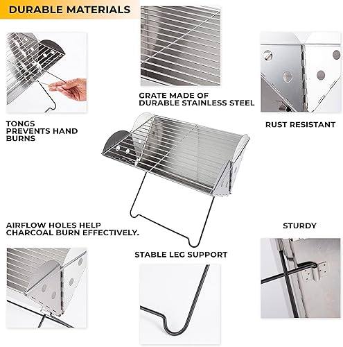 Miniatura 5 de ZONETECH Parrilla portátil de acero inoxidable y hoguera, parrilla de carbón de mesa, plegable, calidad premium, uso versátil, parrilla de barbacoa