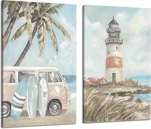 Miniatura 1 de ARTISTIC PATH Lienzo de playa costero para pared, pinturas de faro oceánico, impresiones de furgonetas vintage, imágenes de palmeras, tablas de