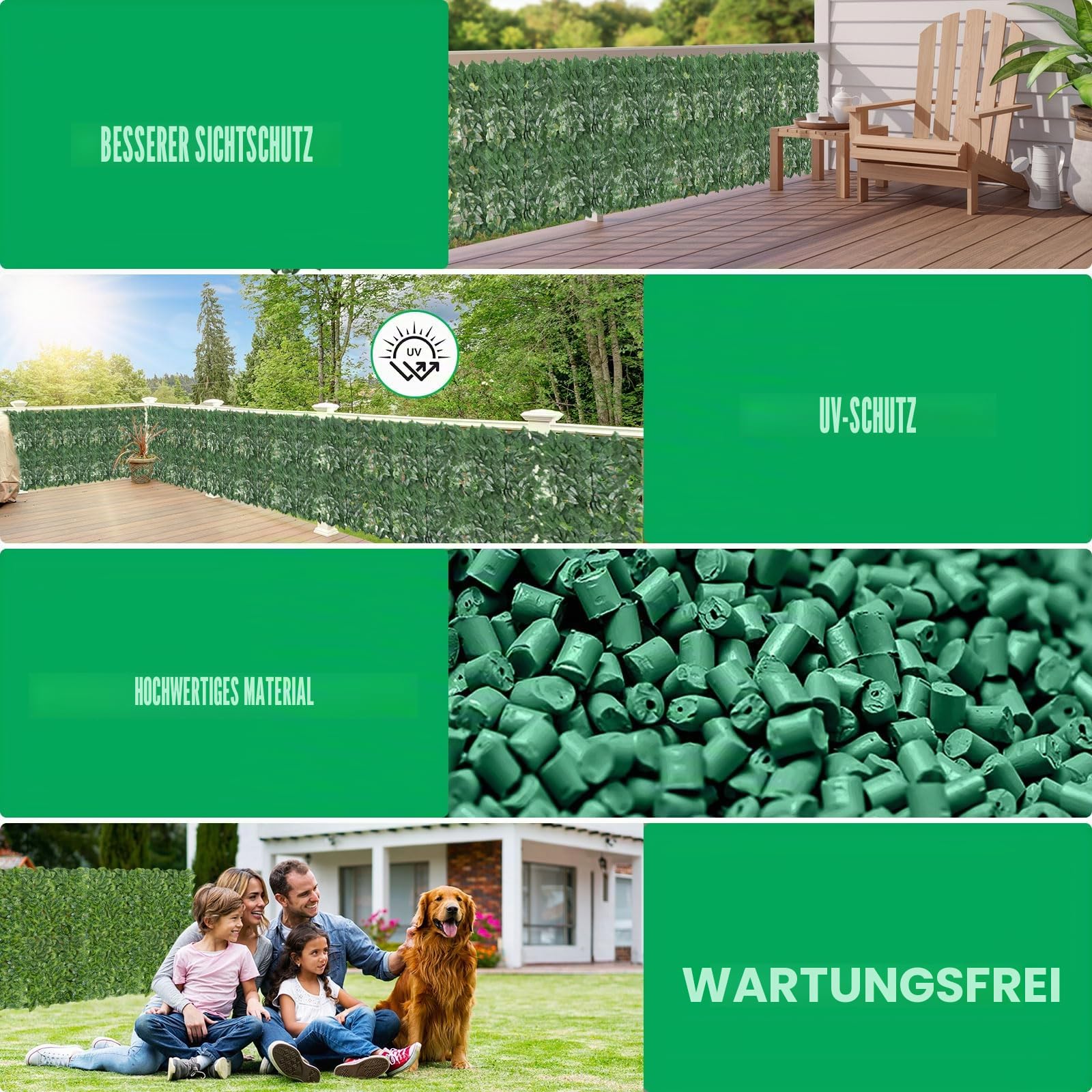 Künstlicher Efeu-Zaun, 3 m x 1 m (2 x 3 x 0,5 m) künstliche Hecken, Sichtschutzzaun für Garten, Balkon, Außenbereich (verbesserte Apfelblätter)