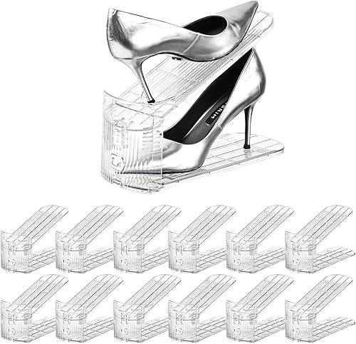 Organizador de ranuras para zapatos, paquete de 12 apiladores de zapatos transparentes para un par de zapatos, zapatero ajustable con tres niveles,