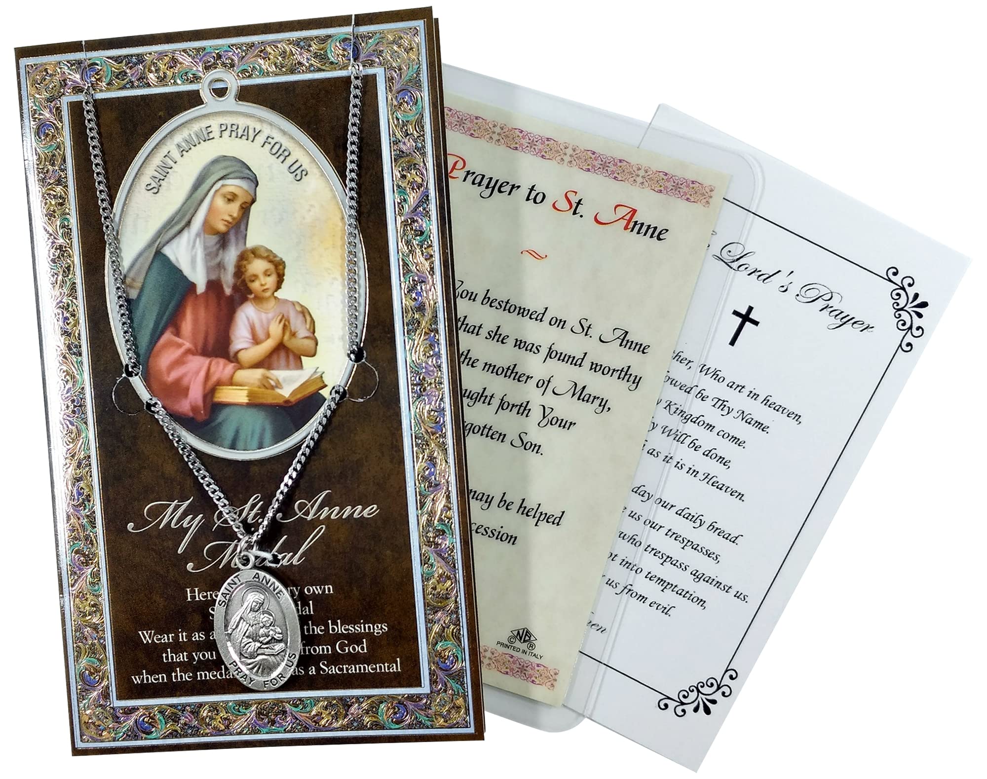TrendzeenSaint Anne Medallion - with St Anne Prayer Card, Lord's Prayer Card | St Anne Medal Necklace Jewelry | Catholic Patron Saint Of Unmarried Women, Mothers, Grandmothers Themed Set, Total 3 Items