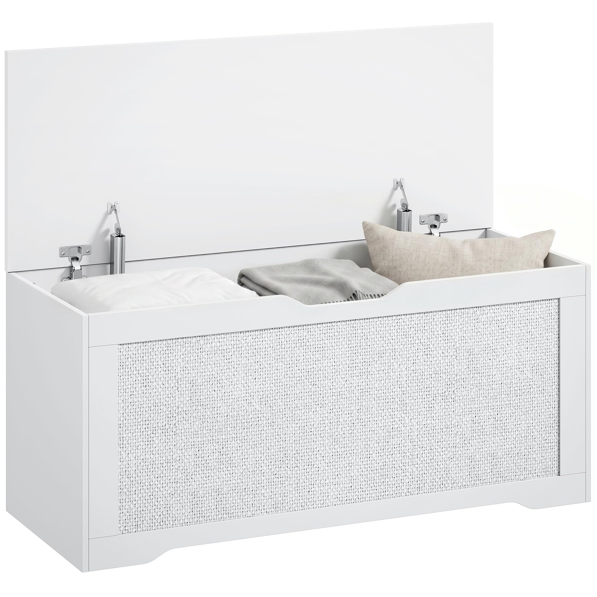HOMCOM Baúl de Almacenaje 136L Banco de Almacenaje 100x40x45 cm Blanco | Panel de Ratán, Tapa Elevable, Brazos de Soporte, Diseño Sin Tiradores, para Recibidor, Pasillo, Dormitorio, Salón