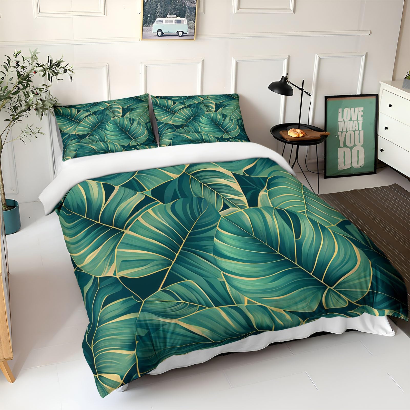 Bettwäsche 155x220 cm Nordic Lässt Grün, Bettbezug 3teilig Weiche Allergiker Microfaser Bettwäsche-Sets, Deckenbezug mit Reißverschluss und 2 Kissenbezüge 80x80cm