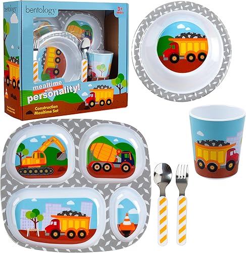 Bentology Juego de 5 piezas con temática de construcción, incluye plato, cuenco, utensilios y vaso, apto para lavavajillas, sin BPA, lindo plato con