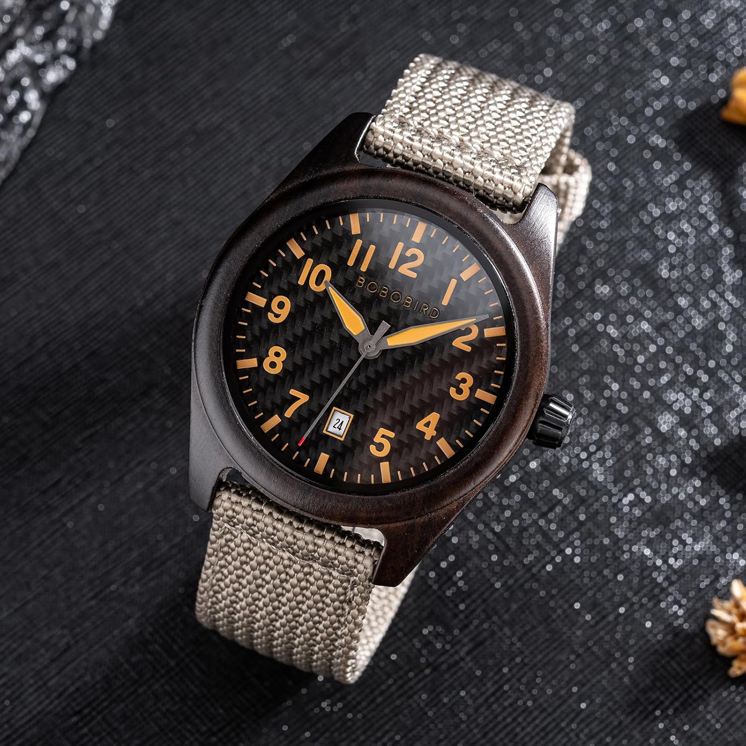 BOBO BIRD Wooden Casual & Business Watch with Nylon Strap, Carbon Fiber Dial Japanese Quartz Movement Wood Watch Lightweight Date Display Wristwatch Multiple Colors