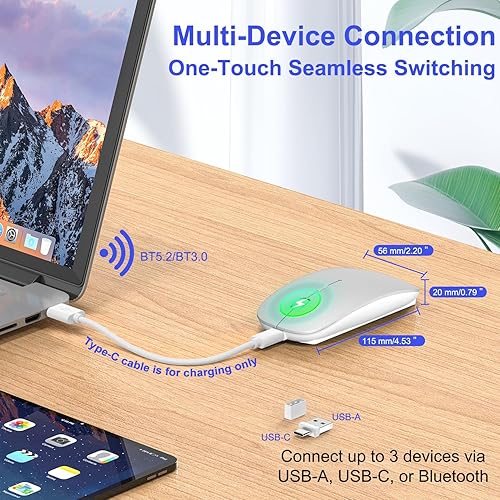 Miniatura 2 de Ratón inalámbrico Bluetooth para MacBook Air Mac Pro iPad Laptop Computadora Pad Óptico Recargable Delgado Silencioso Modo Dual (2.4G USB-CUSB-A y