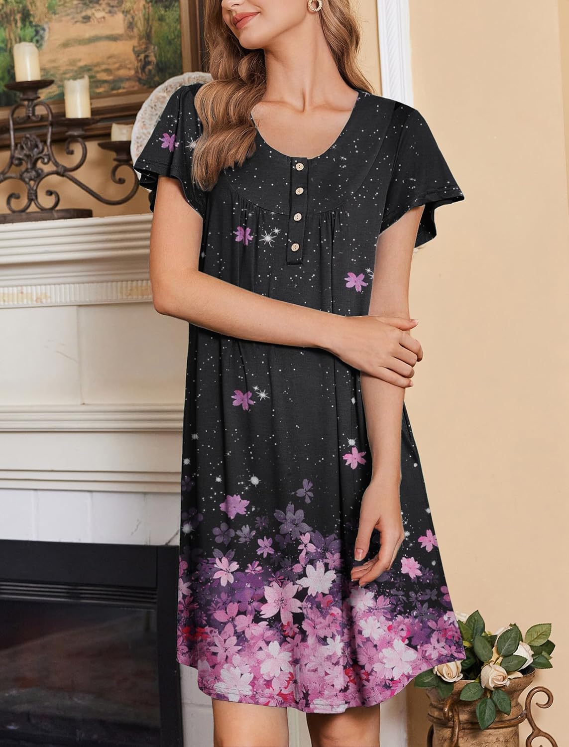 Ekouaer 2 Pack House Dresses for Women with Pockets Short Sleeve Moomoo Nightgown Plus Size Mumu Dress Floral Lounge Dress - Image 5