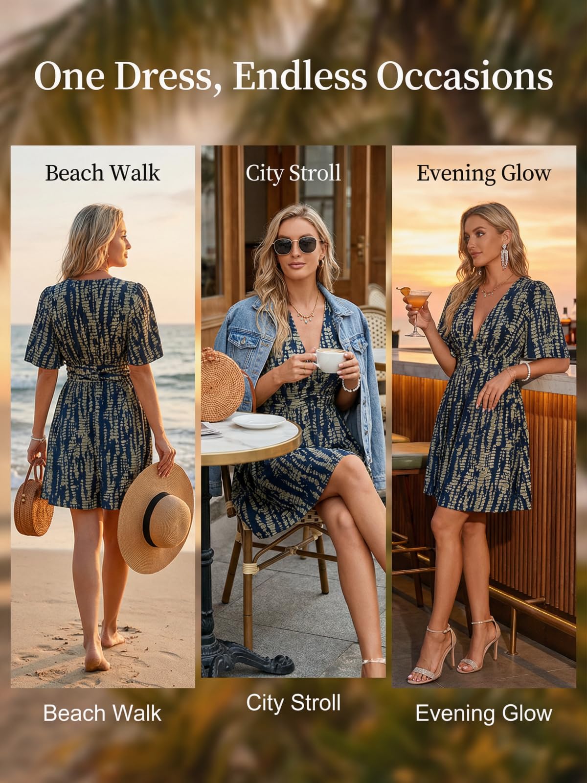 CUPSHE Mini robe d'été pour femme - Abstrait - Col en V plongeant - Manches courtes - Taille élastique