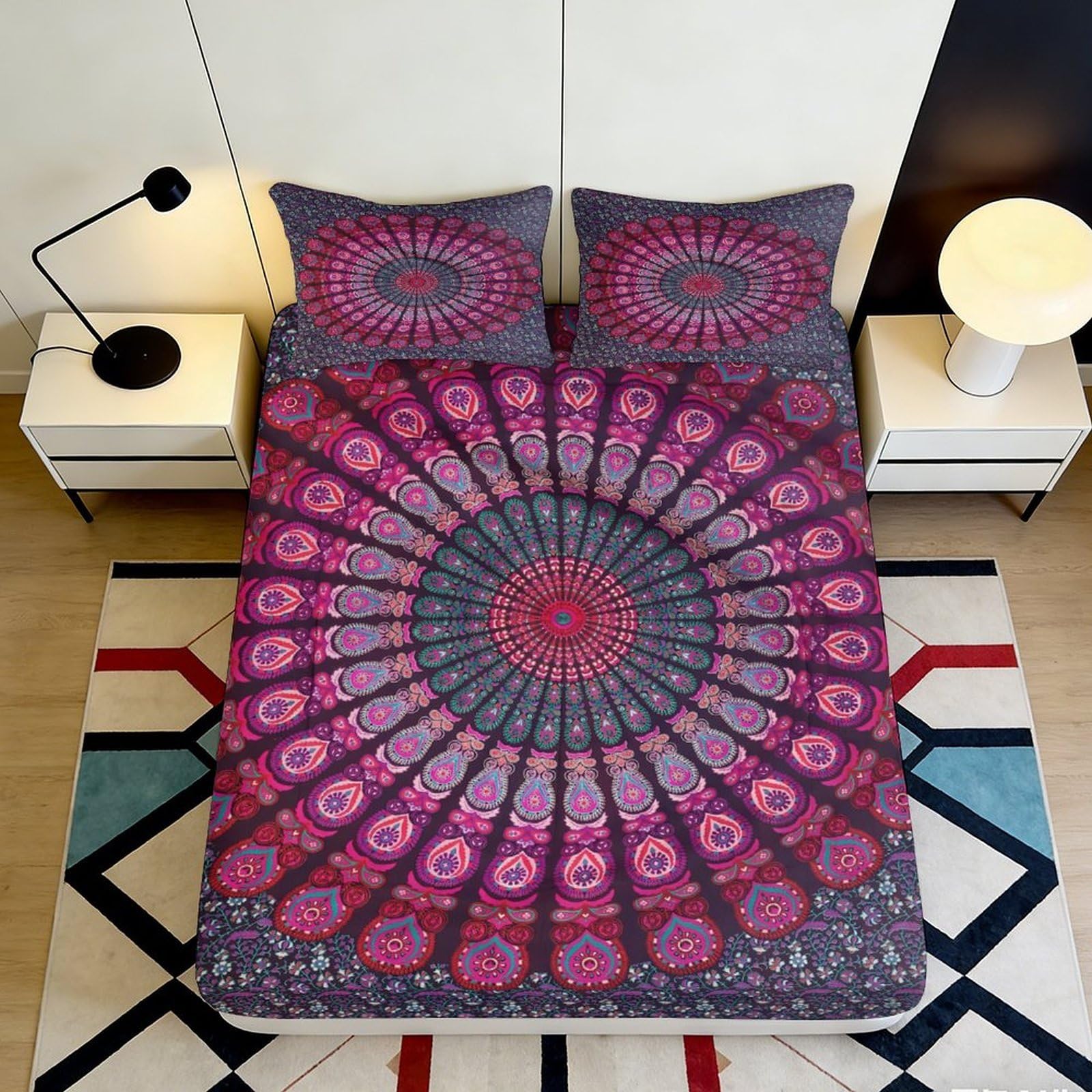 3D Printed Mandala Sunburst Fitted Sheet Microfiber Soft Decorative Boho Circle Mattress Cover for Bedroom Dorm Mattress Protection 90x200x25cm