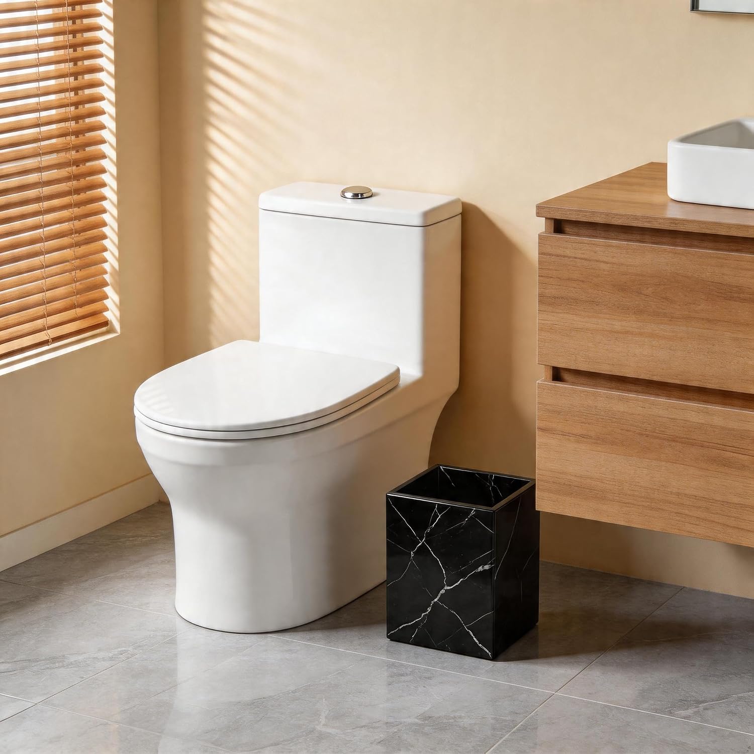 Marble Trash Can, 1.8 Gallons Natural Stone Wastebasket, Square Decorative Garbage Container, Beautiful Rubbish Bin for Bathroom, Bedroom, Kitchen, Home Office, Under Counter Black (WH099)