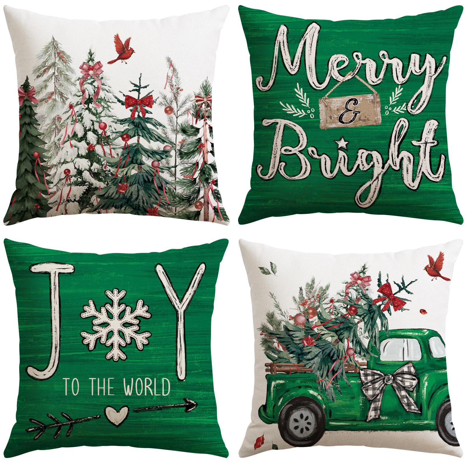 JOTOM Christmas Cushion Covers 50x50 cm Set of 4 Xmas Tree Truck Decorative Green Throw Pillow Covers Sofa Joy Cushion Cases Winter Holiday Decoration for Home Couch Bed Decor (Truck Green)