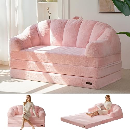 MAXYOYO Folding Sofa Bed, 2 in 1 Convertible Sofa to Lounger Comfy Loveseat Bean Bag Chair for Adults, Floor Sleeper Couch with Handle, Faux Fur Couch Bed for Living Room Bedroom, Pink, Loveseat