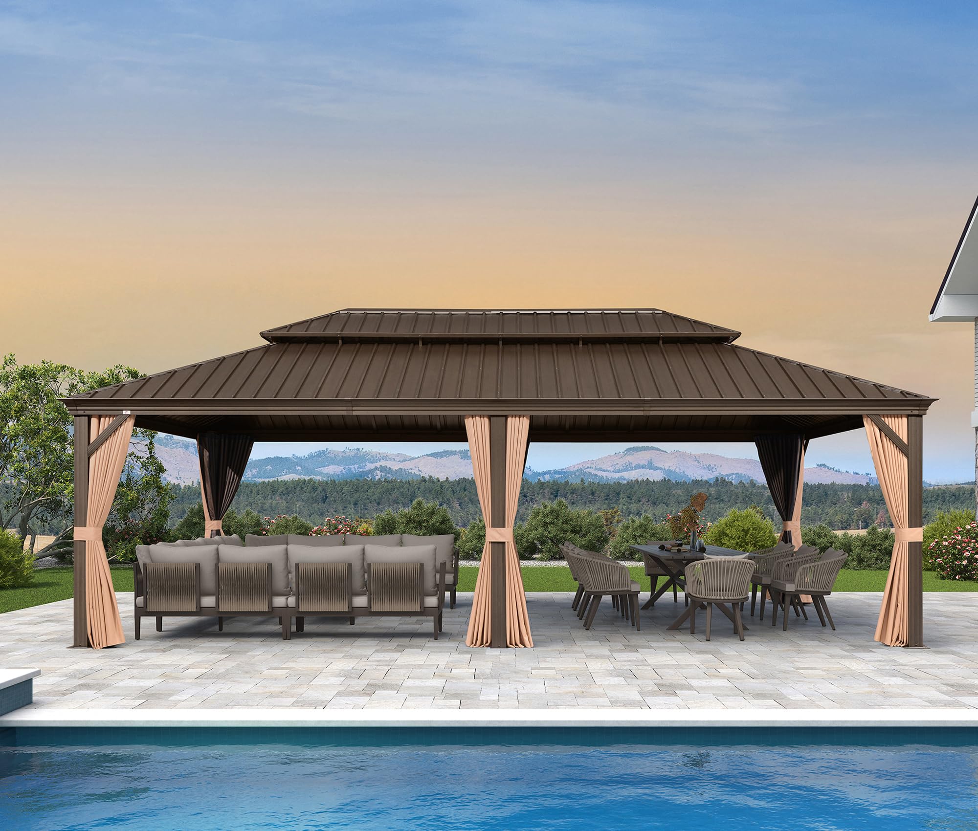 PURPLE LEAF Patio Hardtop Gazebo 14' x 24' Bronze Frame Double Roof Khaki