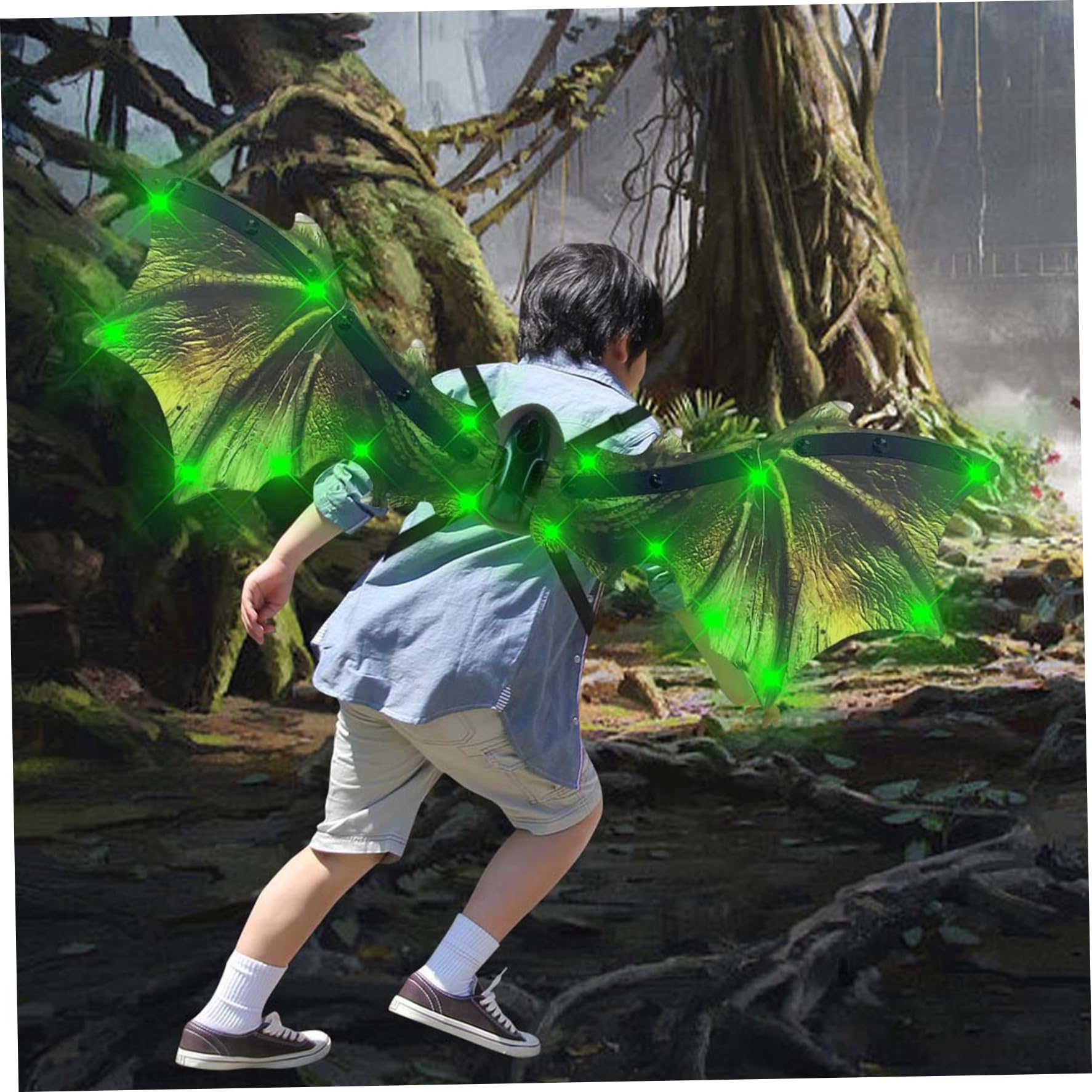 Decorazioni di Halloween, Ala di Drago per Bambini Costume Realistico da Drago Verde con Ala Luce e Movimento Alimentato a Batteria Costumi da Vestire per Halloween, Palcoscenico, Feste