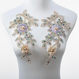 Silvora Pair Embroidered Beaded Pearl Flower Fabric Colorful Rhinestones...