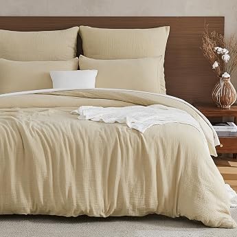 EMME Muslin Bed Linen 200 x 200 cm - 100% Cotton Oeko-Tex Certified Double Extra Soft 4-Season Set 1 Duvet Cover + 2 Pillowcases Summer Bed Linen Beige