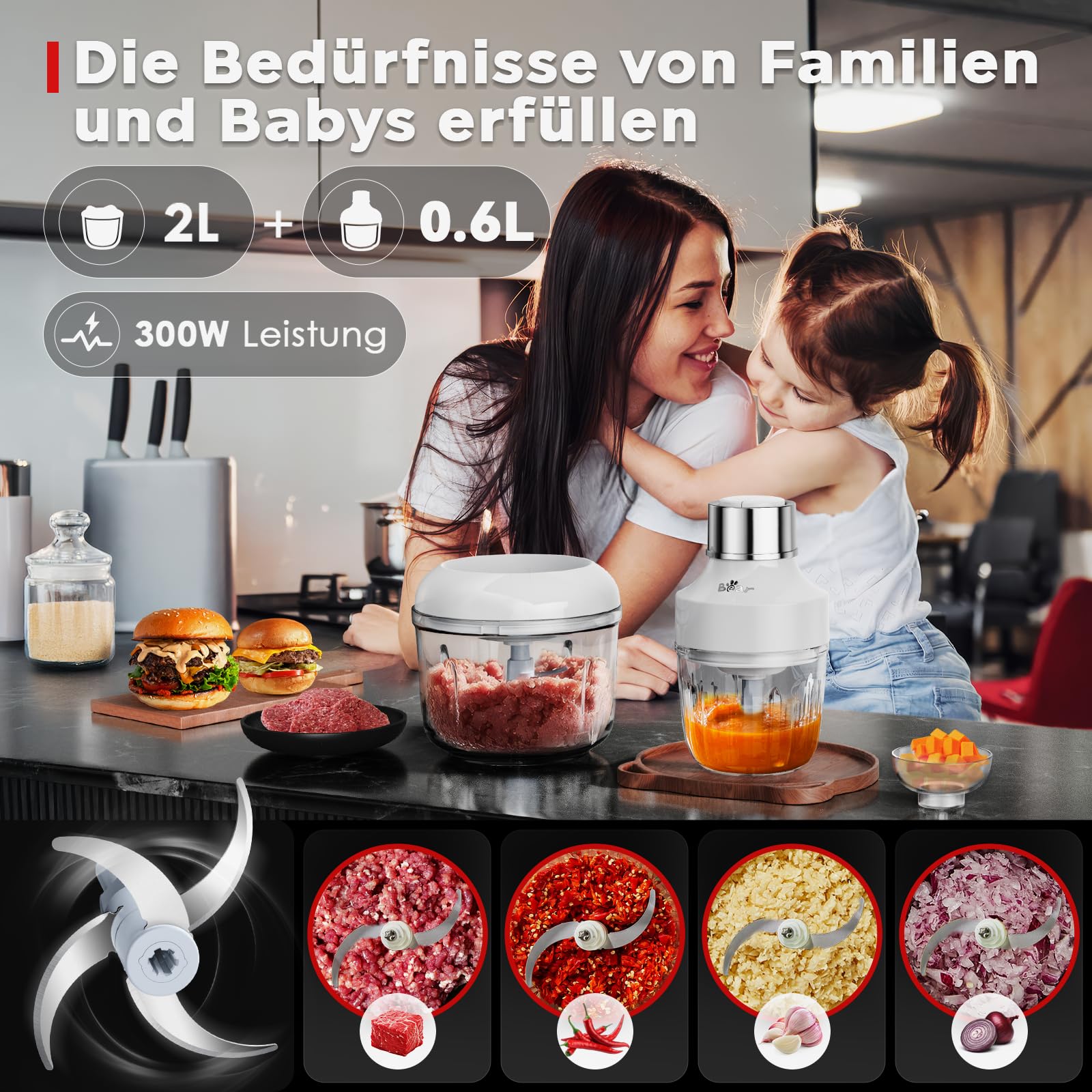 Bear 0.6L+2L Zerkleinerer Glas, 2 Geschwindigkeitsstufen, Häcksler mit 4-Edelstahlklingen und Fleischwolf, Glasbehälter Zerkleinerer für Fleisch,Babynahrung,Obst,Gemüse,Elektrisch Mini chopper