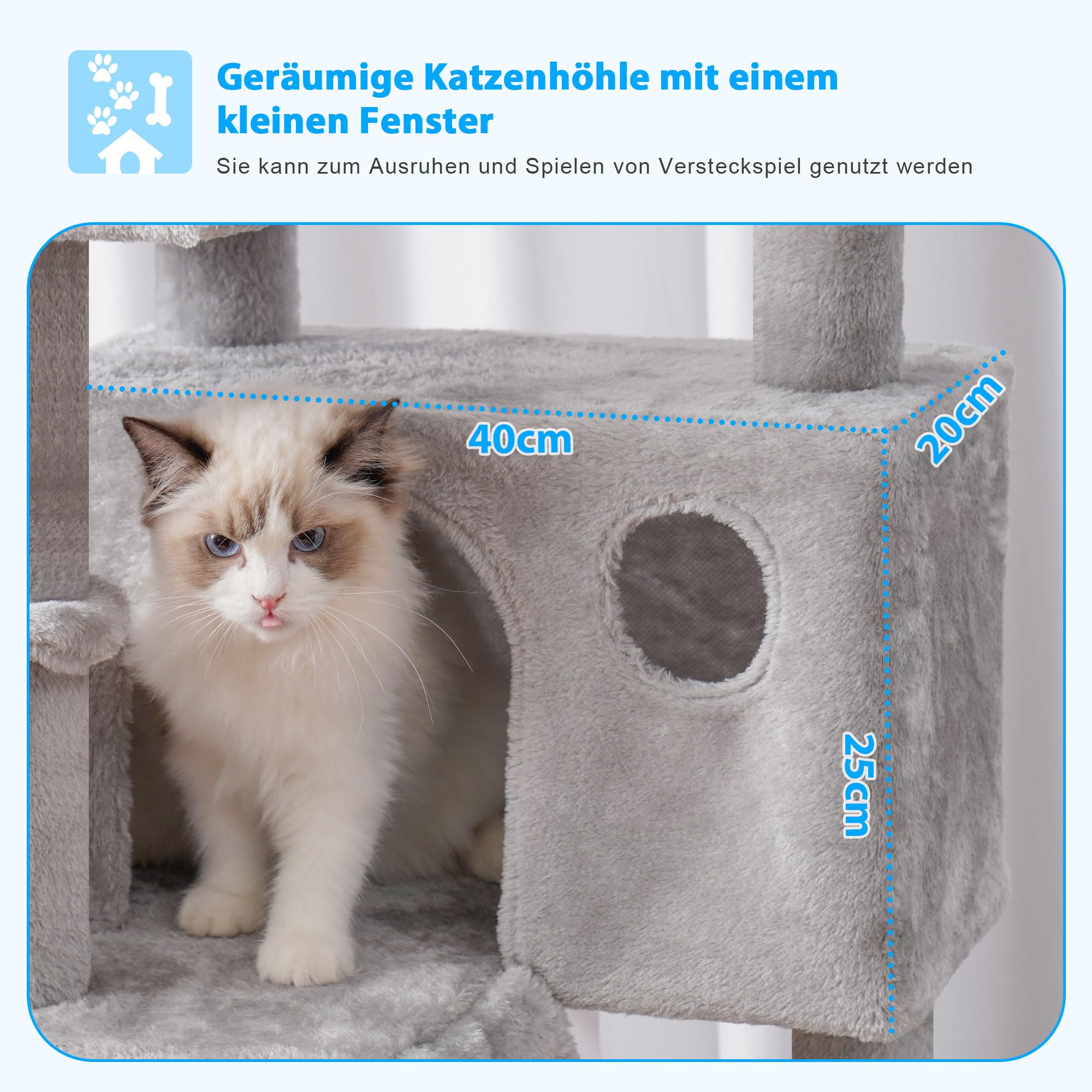 Hey-Brother Kratzbaum, 135 cm Indoor Katzenbaum, Mit gepolsterter Plattform Bett, Spielzeug Ball, Höhlen, Hängematte und Sisal Kratzbaum Katzenhaus, Hellgrau MPJ019-SW