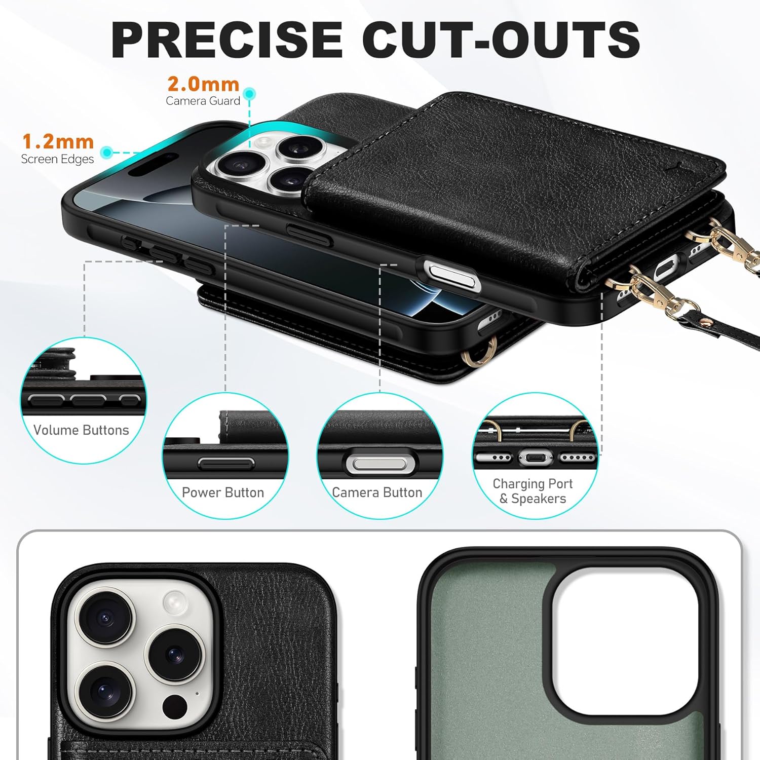 TUCCH Crossbody Wallet Case for iPhone 16 Pro, RFID Blocking [6 Card Slots][Detachable Adjustable Lanyard], Magnetic Flip Wallet PU Leather Shockproof Phone Cover for iPhone 16 Pro, Textured Black - Image 8