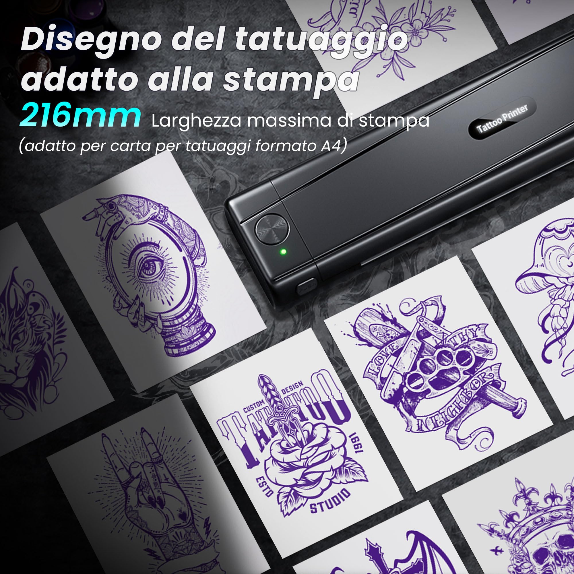 TATTMUSE Stampante Stencil Tattoo, Stampante Termica Tattoo con 10 Fogli di Carta Transfer per Tatuaggi, Stencil Machine per Artisti e Principianti, Bluetooth Compatibile con Smartphone & Tablet