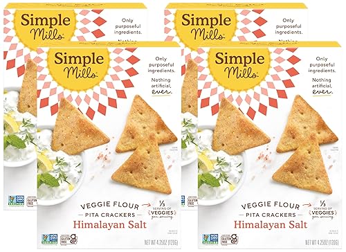 Simple Mills Veggie Flour Pita Crackers, sal del Himalaya, sin gluten, veganas, bocadillos saludables, aptas para paleo, 4.25 onzas (paquete de 4)