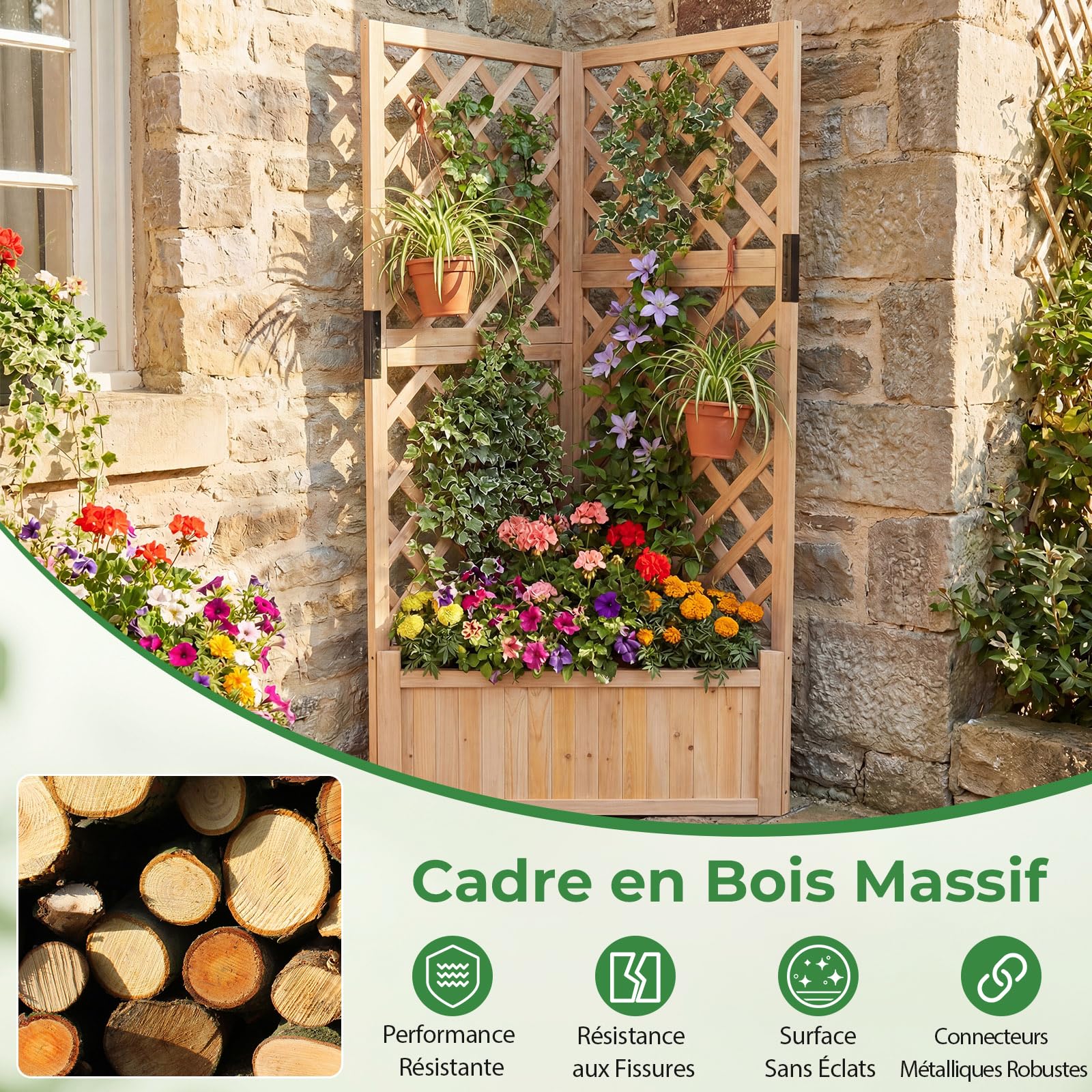 GOPLUS Jardinieres Exterieur avec Treillis en Bois, Jardinière d’Angle en Treillis Surélevée, Trous de Drainage, Bac à Fleurs, Plantes, 55x55x140 CM Idéal pour Balcon, Terrasse, Patio (Naturel)