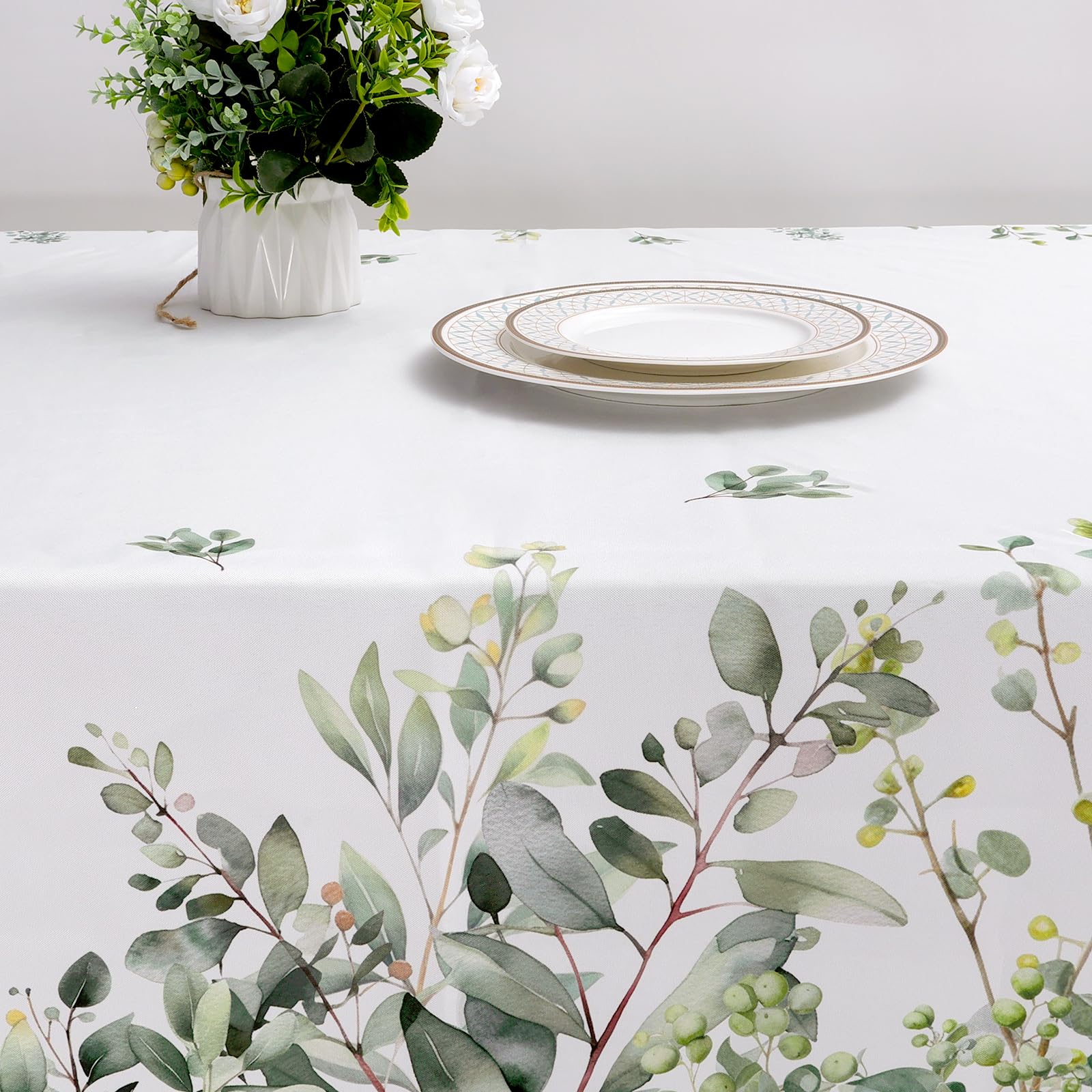 Arquiel Eucalyptus Leaves Tablecloth Waterproof, Green Table Cloth Rectangle, Stain Resistant Fabric Table Cloths for Kitchen Table Party Picnic Dinner Decor (60 x 84 Inch)